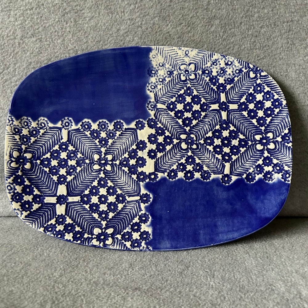 Handmade Charleston Pottery Platter Lace Impressed Blue Cobalt‎ 2018 Bee Mark